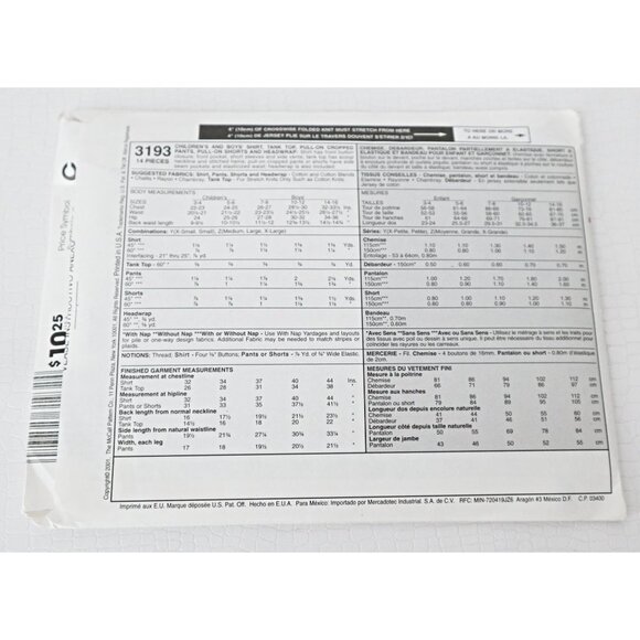 McCall's 3193 Sewing Pattern Boy's Pull-on Pants Shorts Tank Top Shirt - Picture 3 of 3